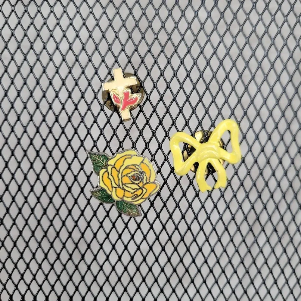 Vintage Enamel Pin Set - Cross, Rose, Bow